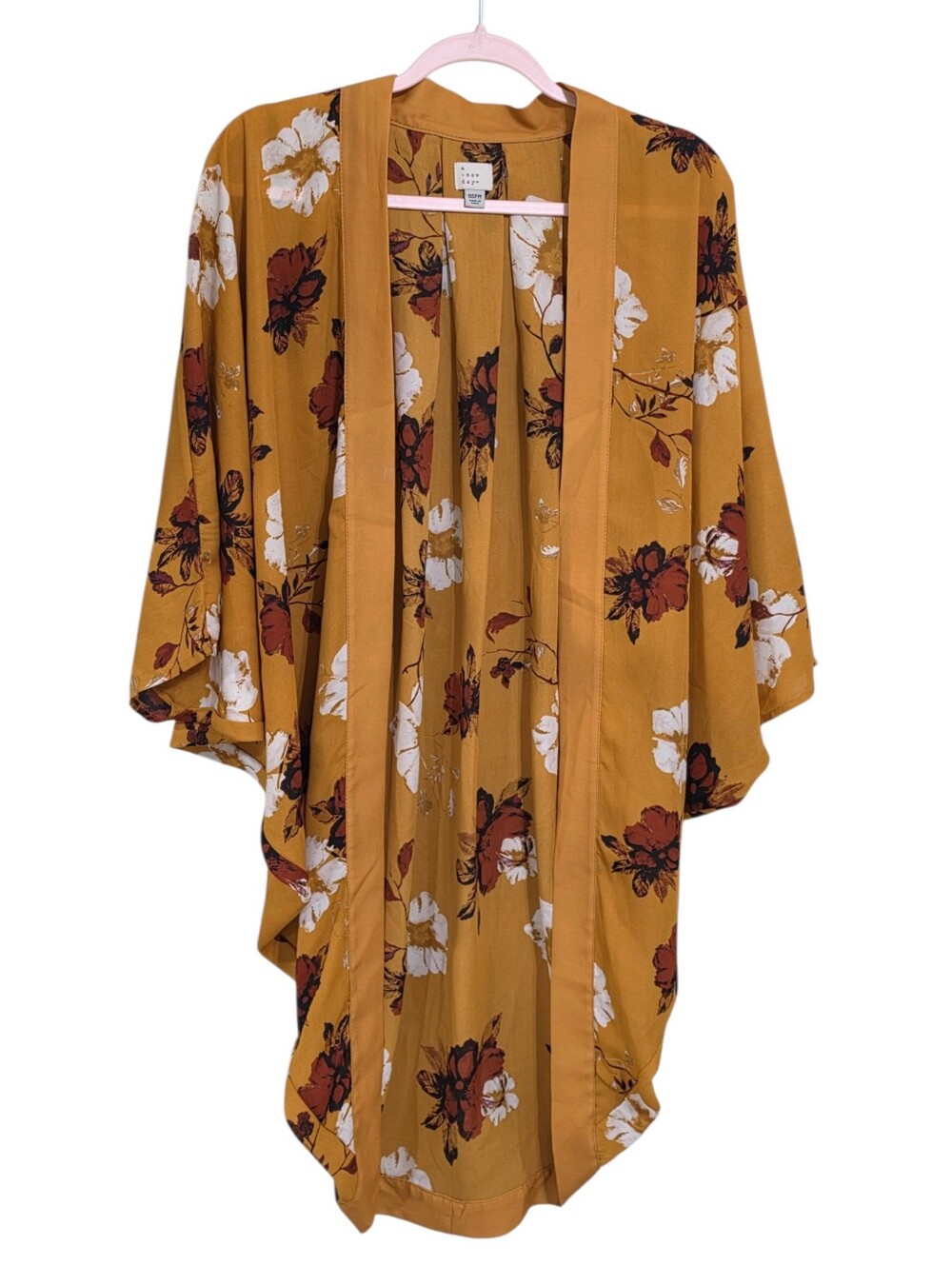 A New Day Mustard Yellow Floral Short Sleeve Kimono One Size Boho Country